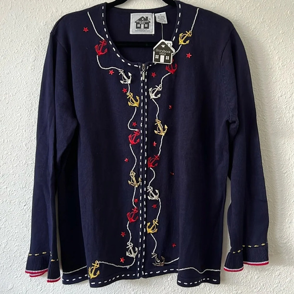 Fisherman Granny Storybook Knit Navy Nautical Anchor Full Zip Cardigan Size 1X - Picture 1 of 7